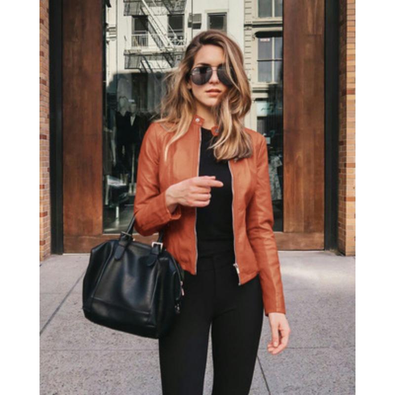 Autumn Winter Stand Collar Casual Fashion PU Leather Coat Women Street Style Solid Color Zipper Cardigan Outwear Top