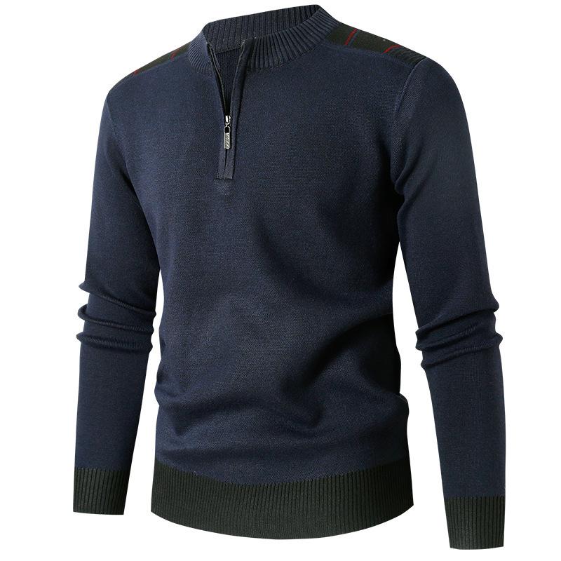 

New Autumn Winter Men s Half High Neck Knitwear Trendy Sweater Warm Pullover Half Zip Fashion Casual Versatile Color Block Top XXXL темно-синього кольору