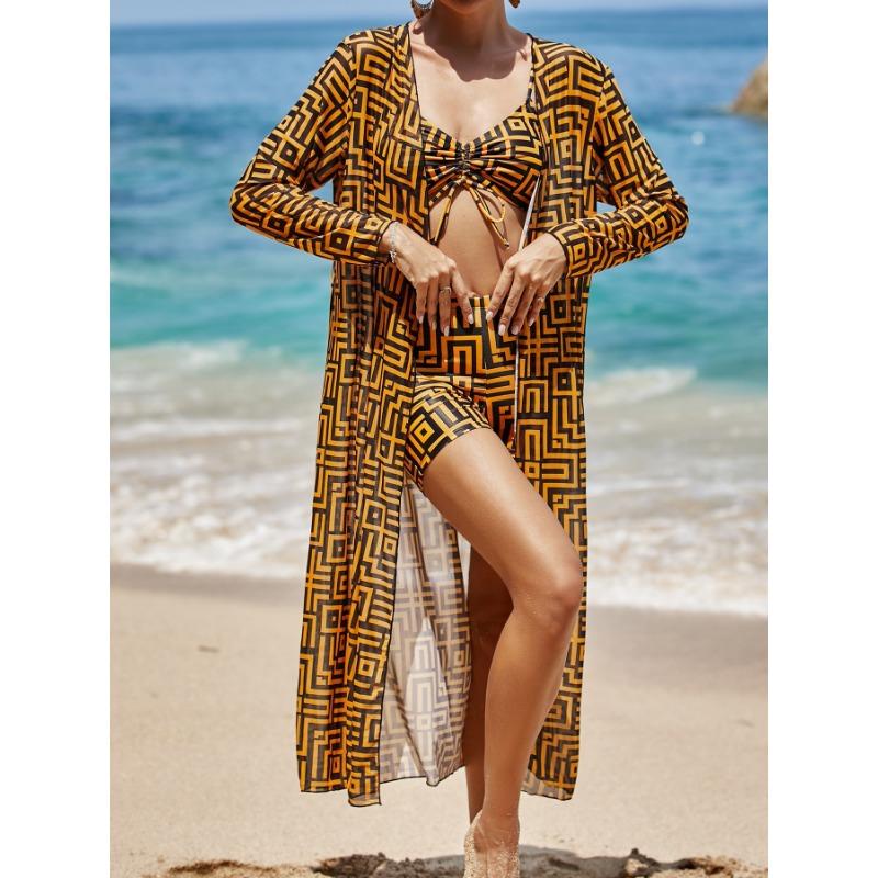 Women's Geometric Print Drawstring Bikini Set with Sheer Cover Up 3 Piece Swimwear