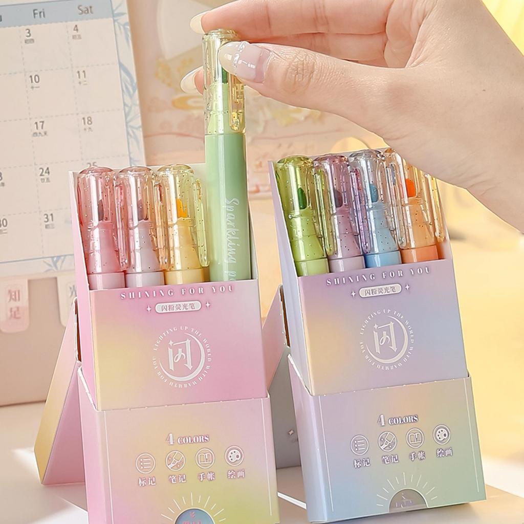 4pcs Sparklin Color Highlighter Pens Set Bling Shining Glitter Magic Art Marker Liner for Drawing Painting School