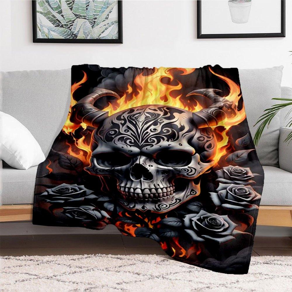 "Flaming Devil Skull with Roses Wall Art Print"Blanket Flannel Throw Blanket for Sofa, Bed, Travel, Camping, Office, Couch, Chair, And Bed G