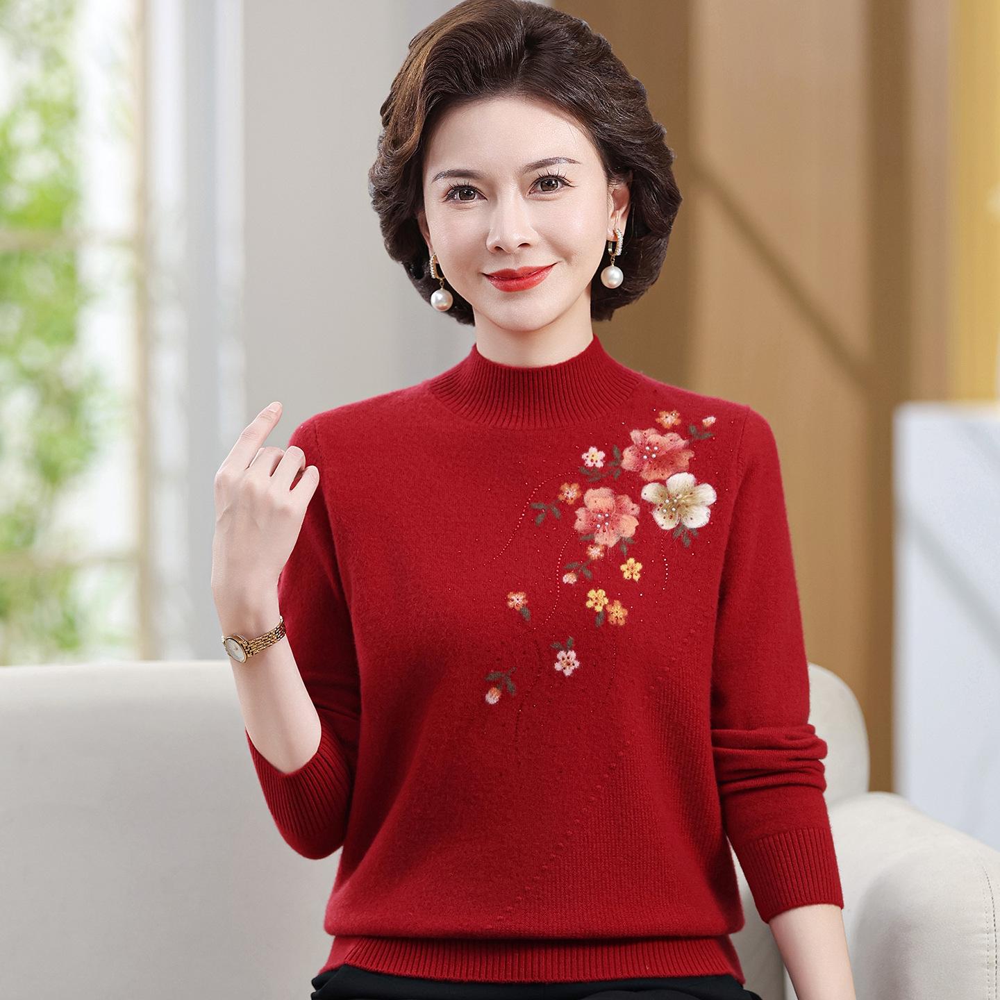 

Luxury Women s Embroidered Wool Sweater - Semi-High Collar, 100% Wool, Perfect for Autumn and Winter 4XL (145-155 jin) вина червоного кольору