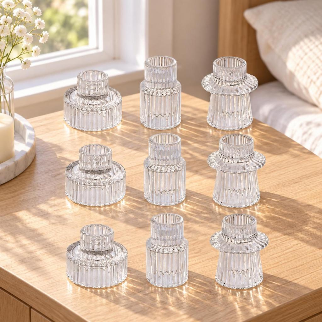 9 Pieces Borosilicate Glass Candle Holder with Wind Guard Tube HeatResistant European Style Clear