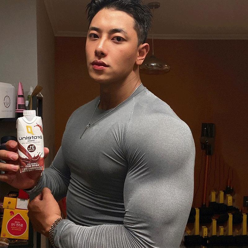 Fitness long-sleeve tight-fitting round-neck T-shirt for men, quick-dry training wear, muscle boy sports shapewear, stretchy T-shirt
