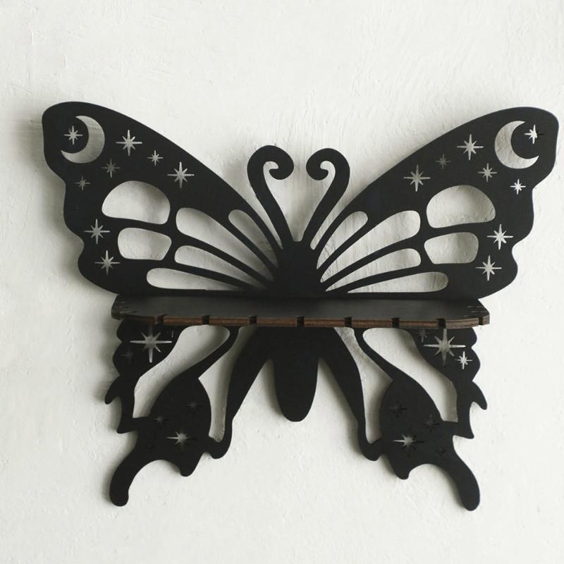 Black Hanging Shelf Crystal Holders Butterfly Shape Wood Cutout Floating Wall Shelves for Bedroom Living Room Decoration