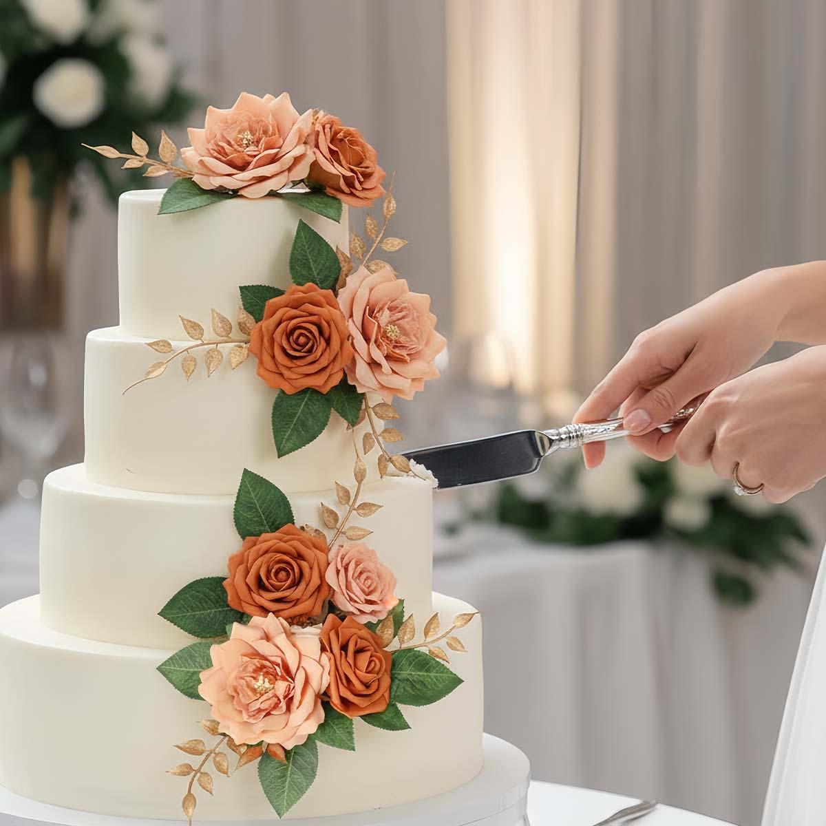 

2Pcs Artificial Rose Flower Cake Toppers Set, Orange Fake Roses Flowers with Gold Leaves, Wedding Birthday Party Cake Decorations 2pcs