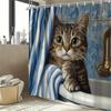 Curious Kitten in Striped Curtains Shower Curtain - Water-Resistant Fabric for Bathroom - Perfect for Cat and Whimsical
