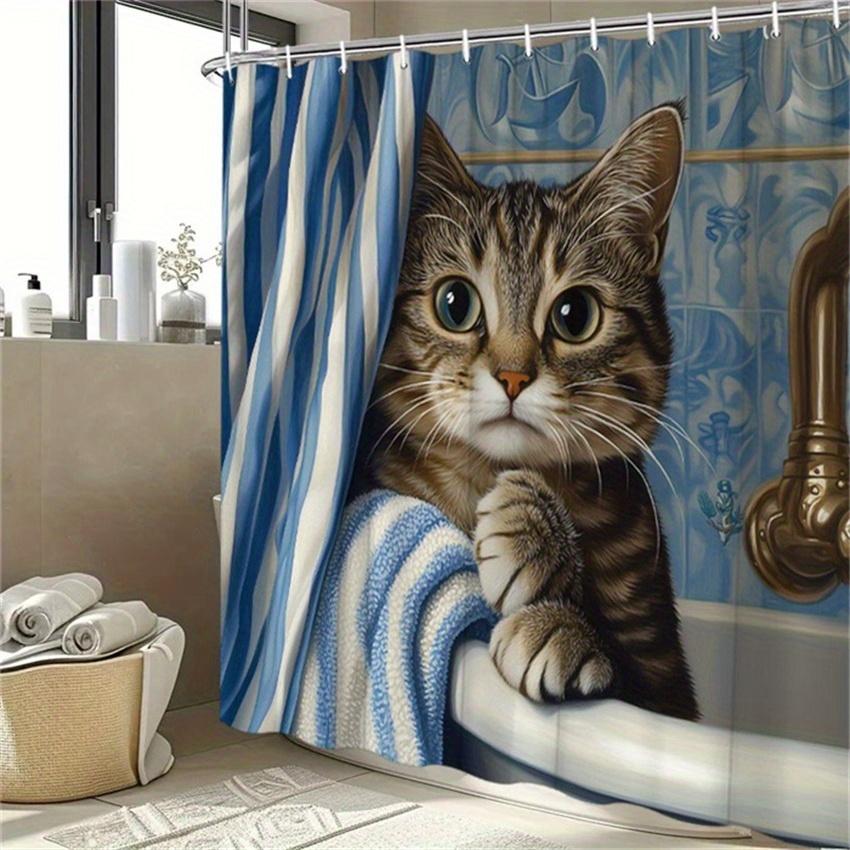 Curious Kitten in Striped Curtains Shower Curtain - Water-Resistant Fabric for Bathroom - Perfect for Cat and Whimsical