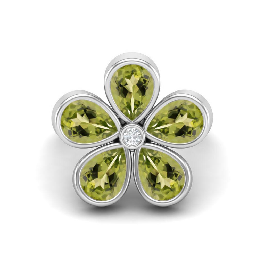 7X5mm Pear Peridot 925 Sterling Silver Five Stone Daisy Flower Women Engagement Ring