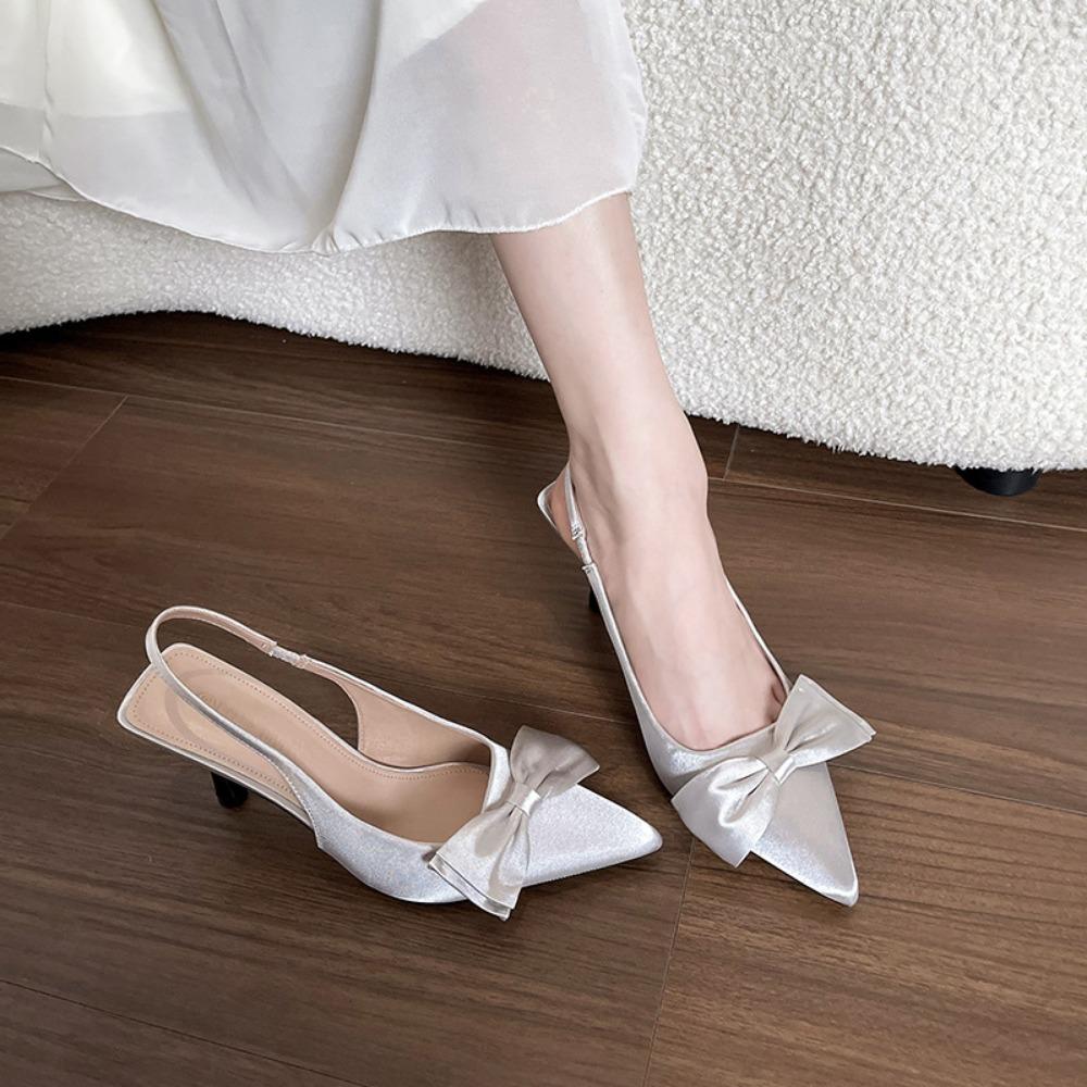 Women Sandals Fashion Summer New French Satin Thin Heel Bag Head Sandals Women High Heels Temperament Sweet Bow Single Shoes
