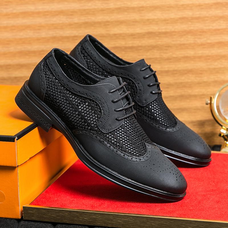 Fashion Men Classic Artificial Leather Oxfords Shoe Business Formal Lace Up Leather Dress Shoes Summer Fashion Breathable Men Mesh Shoes
