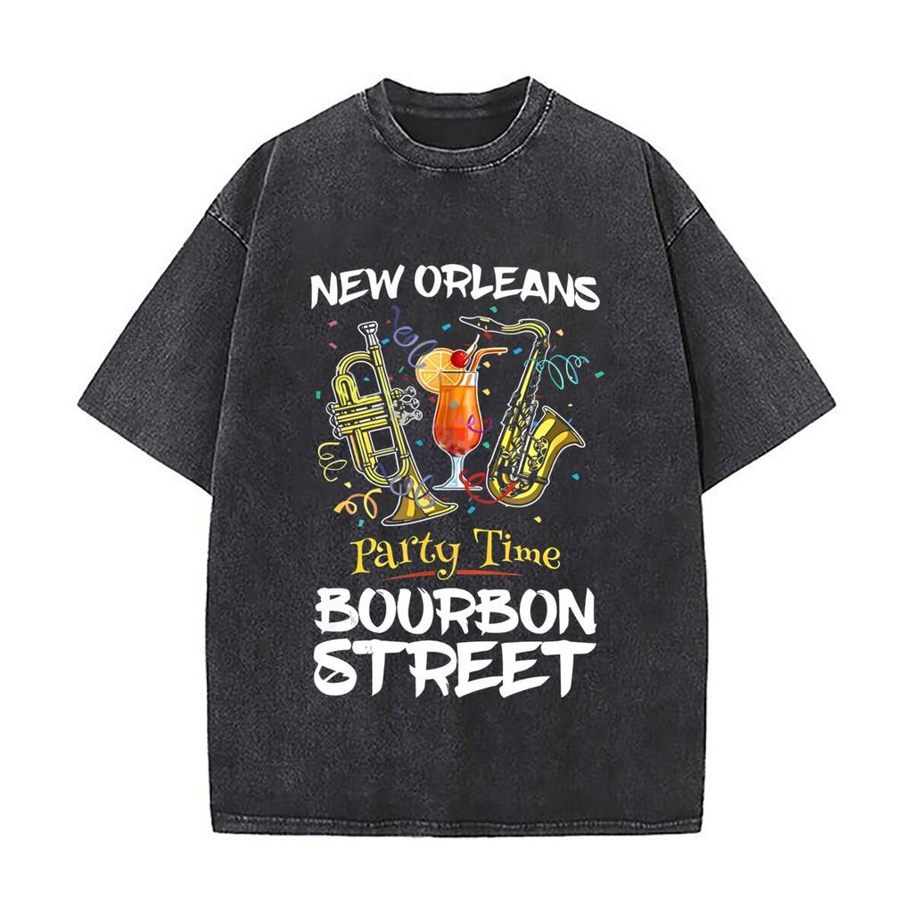 New Orleans Party Jazz Themed Art Casual Washed Distressed T Shirt Vintage Minimal Short Sleeve Top