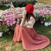 American Trendy Spicy Girl: Versatile Plaid Pleated Long Skirt + Strapless Plaid Umbrella Top