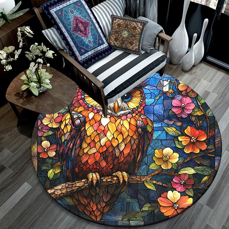 Owls and Flowers Round Area Rug,Carpet Rug for Living Room Bedroom Sofa Playroom Decor,Non-slip Floor Mat
