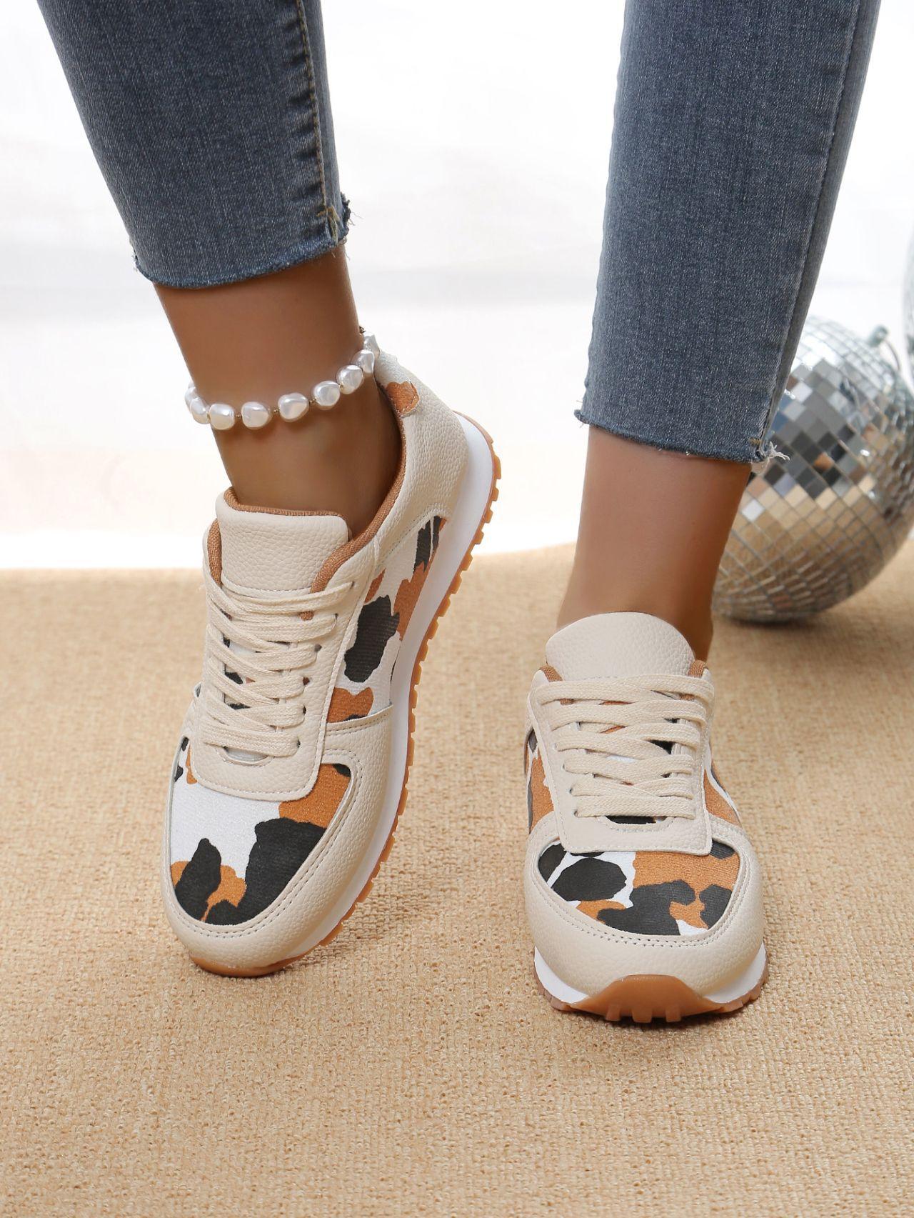 

Leopard Print Casual Single Shoes Round Toe Platform Color-Block Low Top Sneakers 43 бежевий