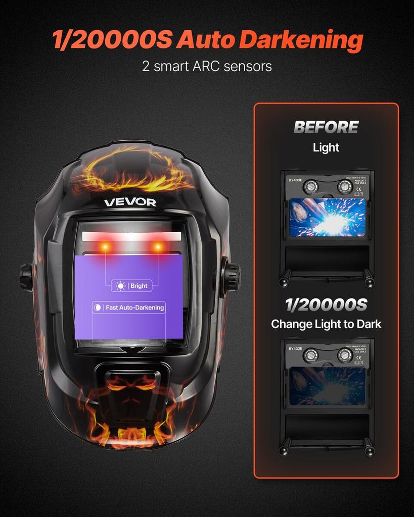 Welding Helmet Auto Darkening, 93 X 43 Mm True Color Welding Hood, Solar-Powered Welder Mask 2 Arc Sensors, Shade 4/9-13 for TIG MIG ARC Weld Grinding