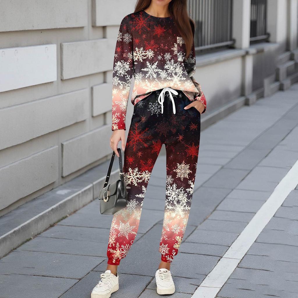 Sets für Damen 2-teilig Rundhals Langarmshirts Bedruckte Jogginghosen Taschensets