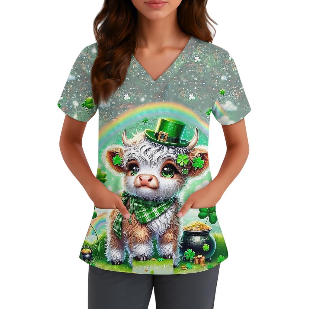 Women's Cute Bow Printed Work Clothes V-neck Double Layer Pockets Basic Short Sleeve Top Pullover