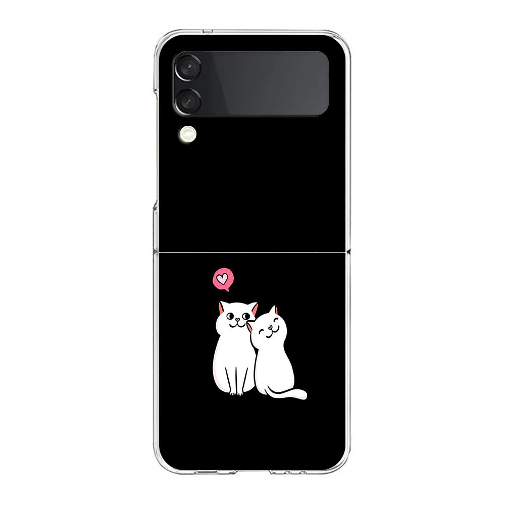 Phone Cover For Samsung Galaxy Z Flip 6 5 4 Case Transparent For Samsung Z Flip 3 Hard PC Foldable Bags Cartoon Black Cat Couple