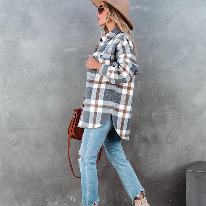 Women Winter Warm Long Sleeve Lapel Two Pocket Plaid Woolen Coat Outerwear