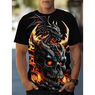 Men's Skull Print T-Shirt Summer Sports Crew Neck Short Sleeve Streetwear Fashion Loose Fit