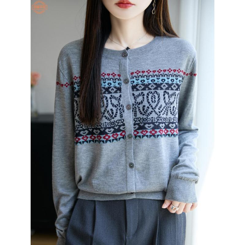 Women Vintage Jacquard Crew Neck Long Sleeve Loose Knit Cardigan Sweater Outerwear