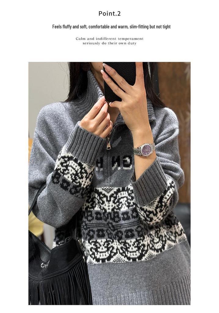 Women's High Neck Jacquard Wool Sweater - Autumn & Winter Collection