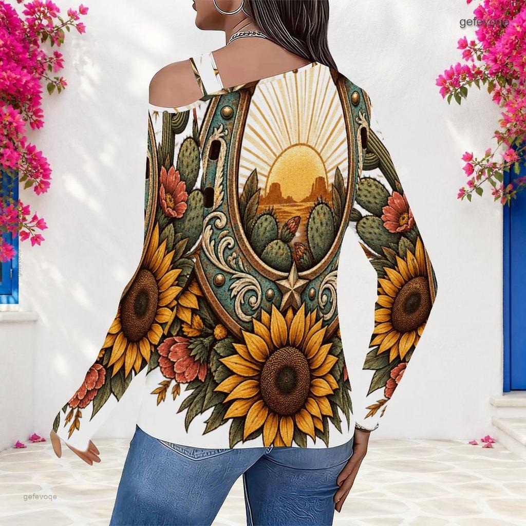 Women Plus Size Asymmetric Cutout Neck Cold Shoulder Long Sleeve Western Printed Fitted Top