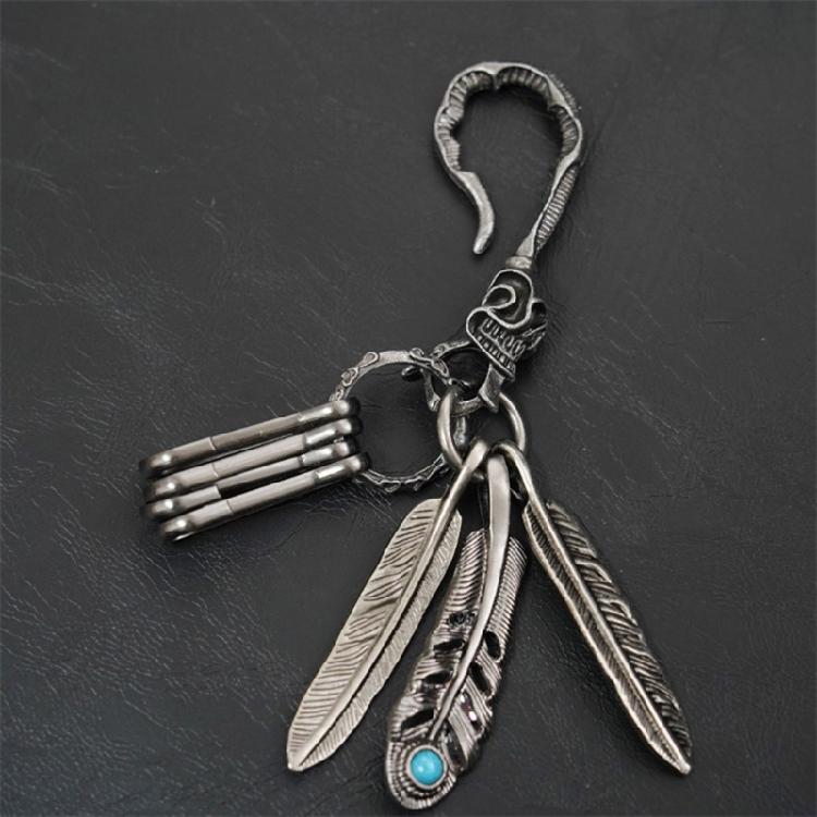 Distinctive Feather Keychain Charm In Antique Silver With Turquoise for Individualistic Fashion Statements Pieces