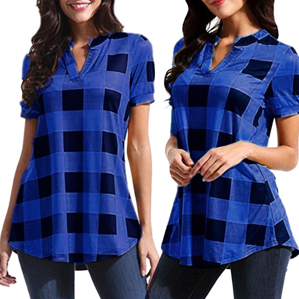 Frauen Casual Plaid Gedruckt Kurzarm V-ausschnitt Unregelmäßigen Saum Bluse T-Shirt Tops