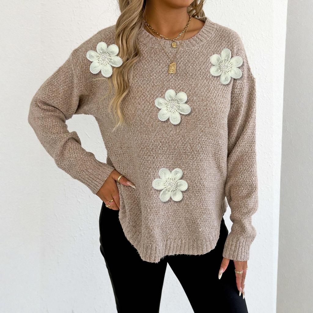 Tricou de damă cu imprimeu floral vintage, gât rotund, larg, mâneci lungi, lungime medie, cu orificii pentru degetul mare