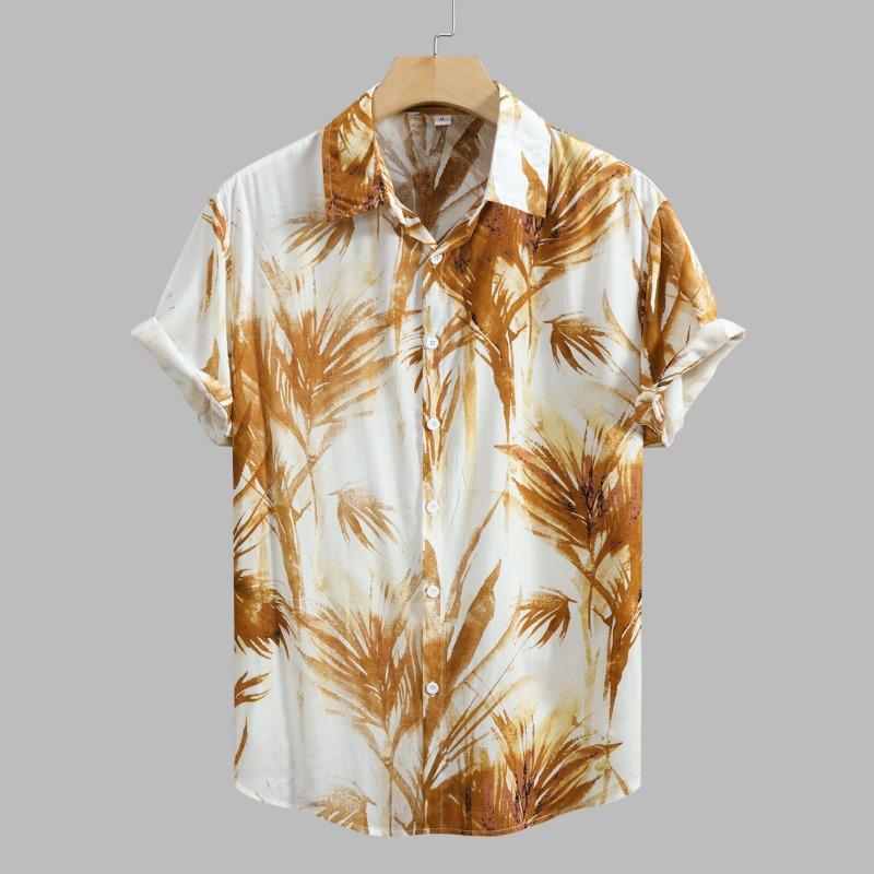 

Men Plant Leaf Print Turn Down Collar Short Sleeve Casual Button Up Shirt S жёлтый