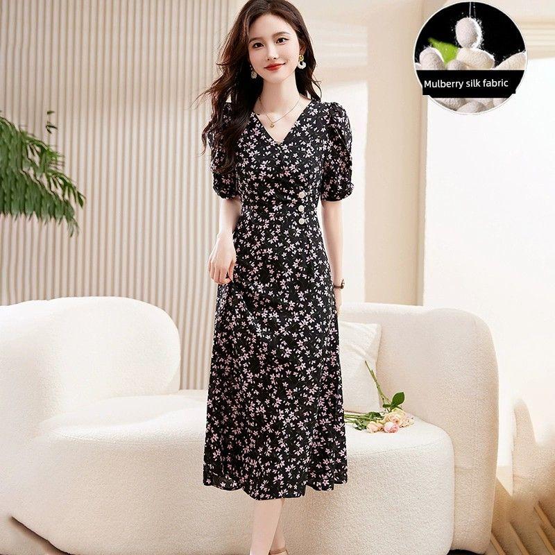 

Hangzhou Famous Brand Silk Dress Summer 2023 New Arrival Dignified Elegant Young Classy Mulberry Silk Skirt Children Pink Flower XL