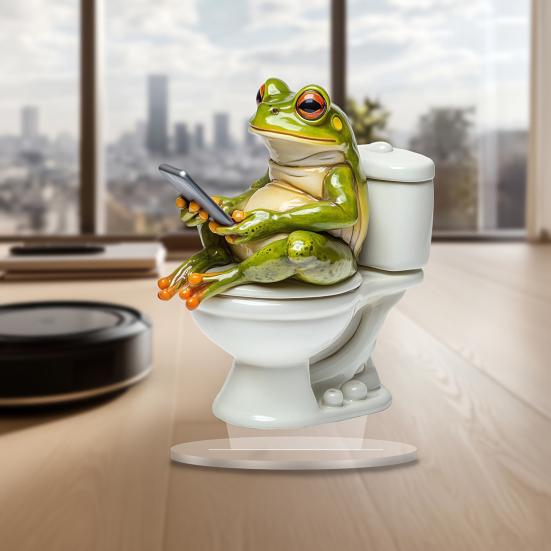Frosch auf Toilette Acryl-Dekoration, 2D Lustige Badezimmerregal-Figur, Niedliche Zusammengebaute Statue für Schreibtisch Wohnzimmer Büro, Humorvolles Geschenk für Freunde