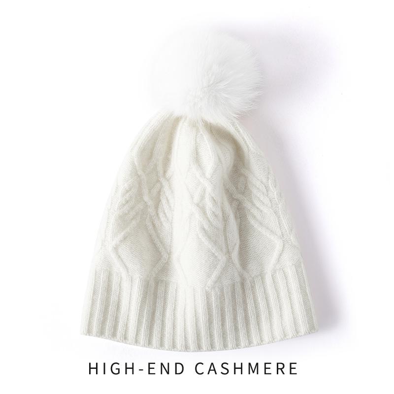 Cashmere Hat with Detachable Fox Fur Pompom, Cable Knit, Warm Ear Protection, Street Style for Autumn & Winter