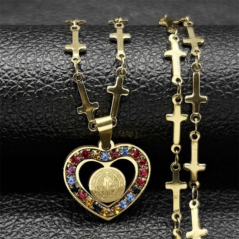 Catholic Saint Benedict Heart Shape Pendant Necklace for Women Men Stainless Steel Gold Color Christian Prayer Chain Jewelry