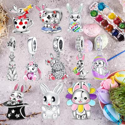Copper Pink Love Rabbit Egg Series Pendant Easter Charms Fit Original Bracelet Charm Bead Necklace Diy Female Jewelry