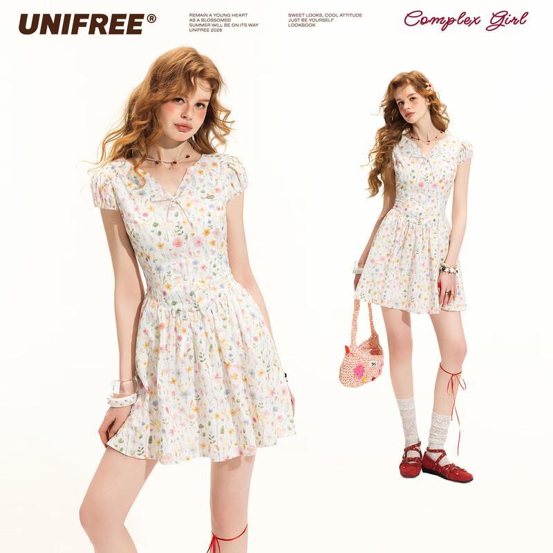 UNIFREE Women s Sweet Floral Bow Tie Waist Dress S белый