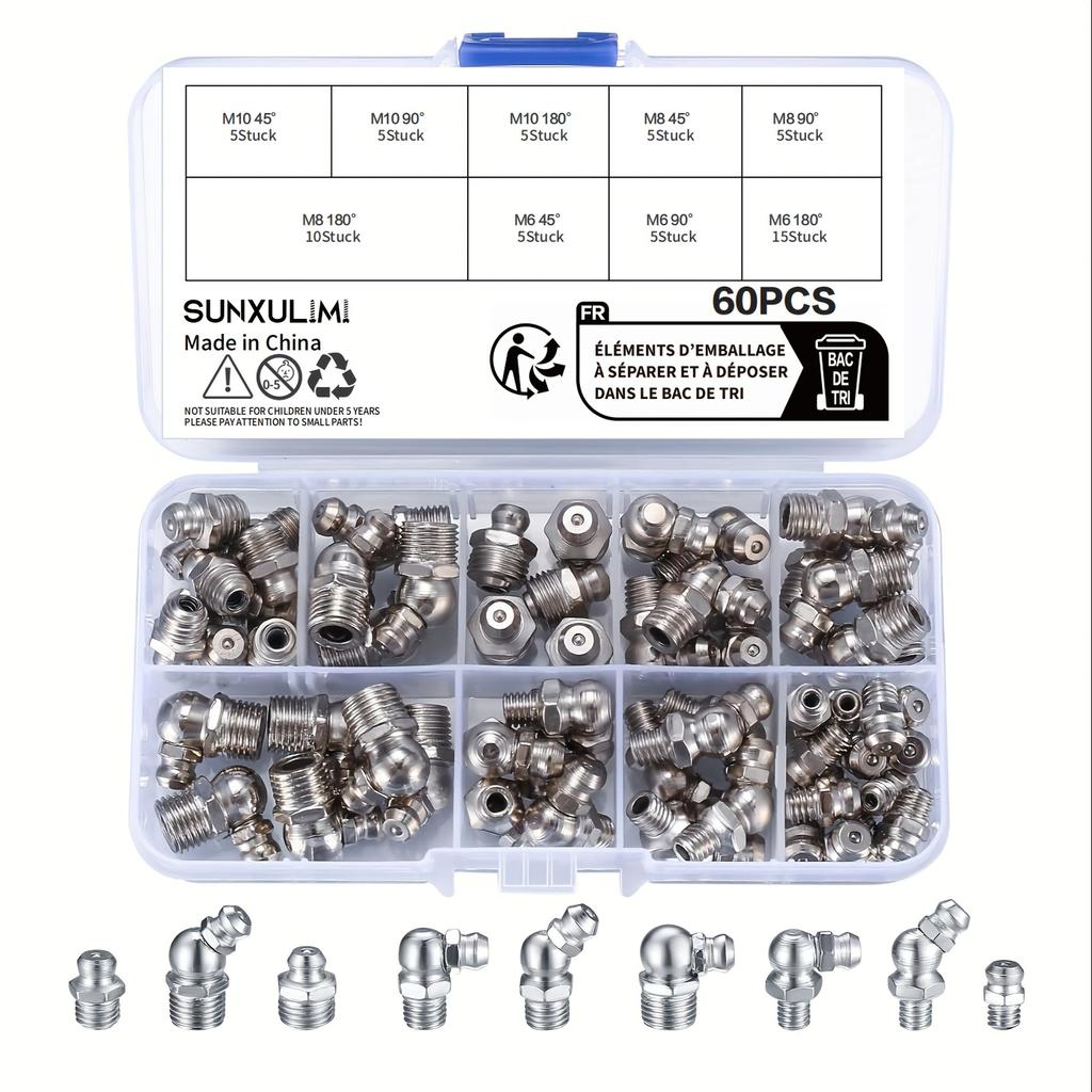 60 Pcs/set Metric Grease Fitting Kits,Including Straight and Angled Grease Fittings,for Lubricating Mechanical Components with Angled Grease Guns