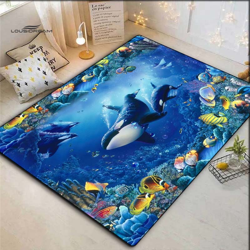 Undersea Orca Coral Tropical Fish Print Area Rug Ocean Sea Non‑Slip Rectangular Floor Mat Game Room Living Bedroom Home Decor Rug