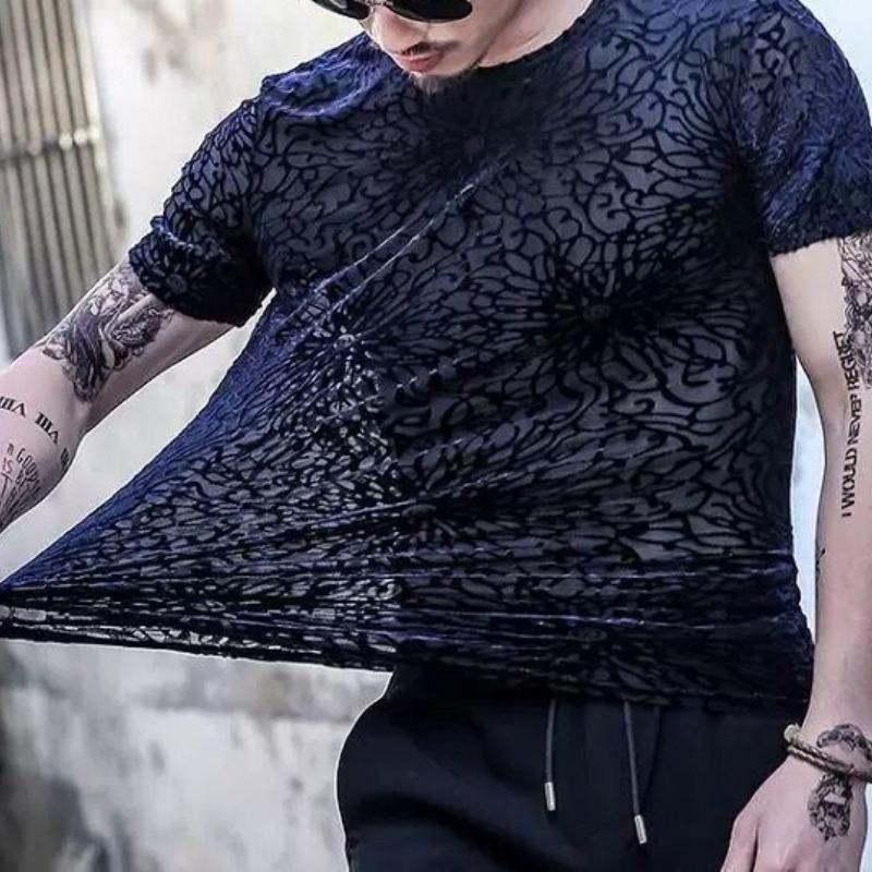 Summer  Men's Pullover Round O-Neck Mesh Ice Silk Printed Slim Fit Comfortable and Versatile Casual Short Sleeve T-shirt Top