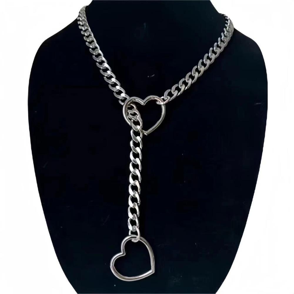 Long Cuban Link Necklace Stainless Steel O-ring Clavicle Chain Heart-shaped Necklace  Party Wear