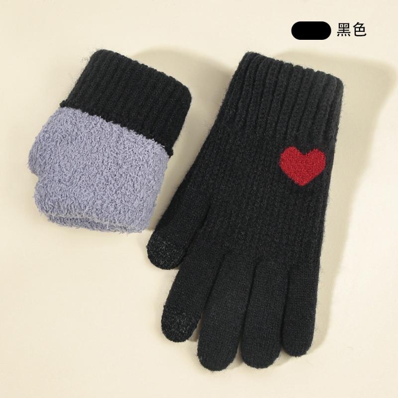 Knitted gloves, women's autumn and winter warm outdoor cycling cold-proof double-layer velvet thickened, touch screen gloves