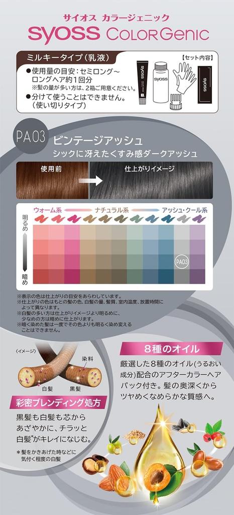 Syoss Colorgenic Milky Hair Color PA03 subtle hair dye at PA03 Vintage 1 bottle [Quasi-drug] (For grays, salon-quality home) Ash, (x 1)