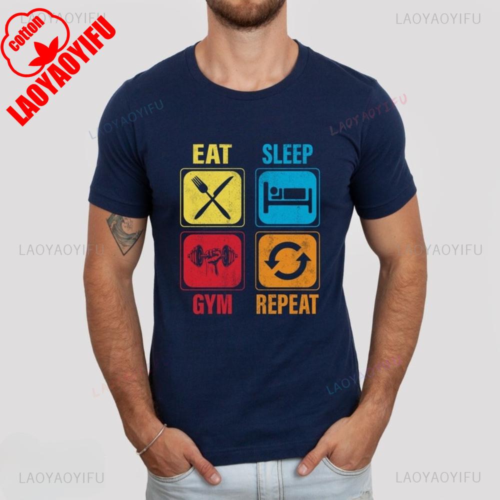 Eat Sleep Gym Repeat Man Graphic T Shirts Gym Workout Exercise Shirt Weightlifting Cotton Shirt Workout Motivation Gym Gift Tops