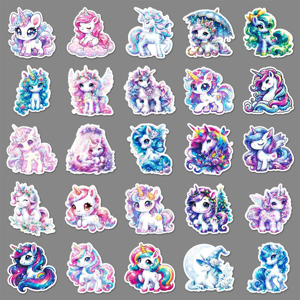 50 Laser Unicorn Rainbow Horse Stickers - Holographic Dazzling Color Stationery, Cute DIY Decoration for Journal and Computer