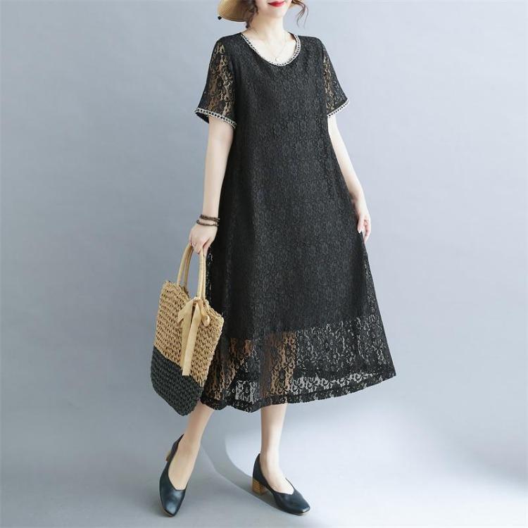 New Summer Loose Long Dress Vintage Floral Lace Casual Basic Dress for Women Plus Size