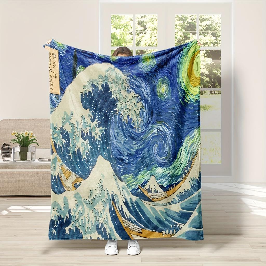 Wave-inspired Ukiyo-e paintings digital-printed polyester velvet flannel cover blanket Fleece soft sofa cover blankets for beds