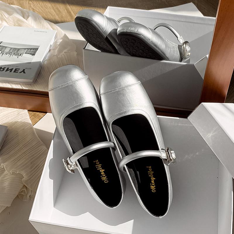 Fashion 2025 Silver Traf Mary Janes Women Shallow Square Toe Flats Ballet Shoes Ladies Girls Lolita Loafers Soft Cozy Barefoot Mocasines