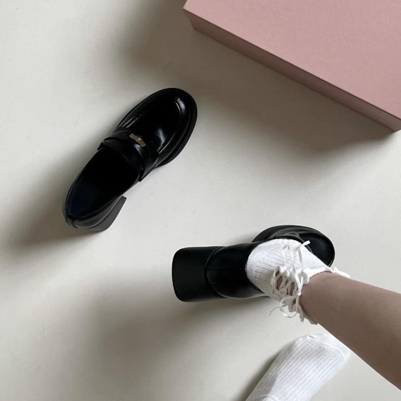 Super soft leather version~ small gold coin loafers women's British platform high heels thick heel French jk lazy small leather shoes